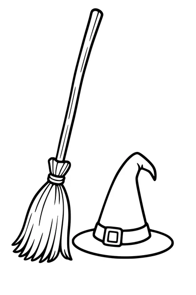 Free Witch Hat and Broom Coloring Page - Simple Halloween Cartoon (Printable PDF)