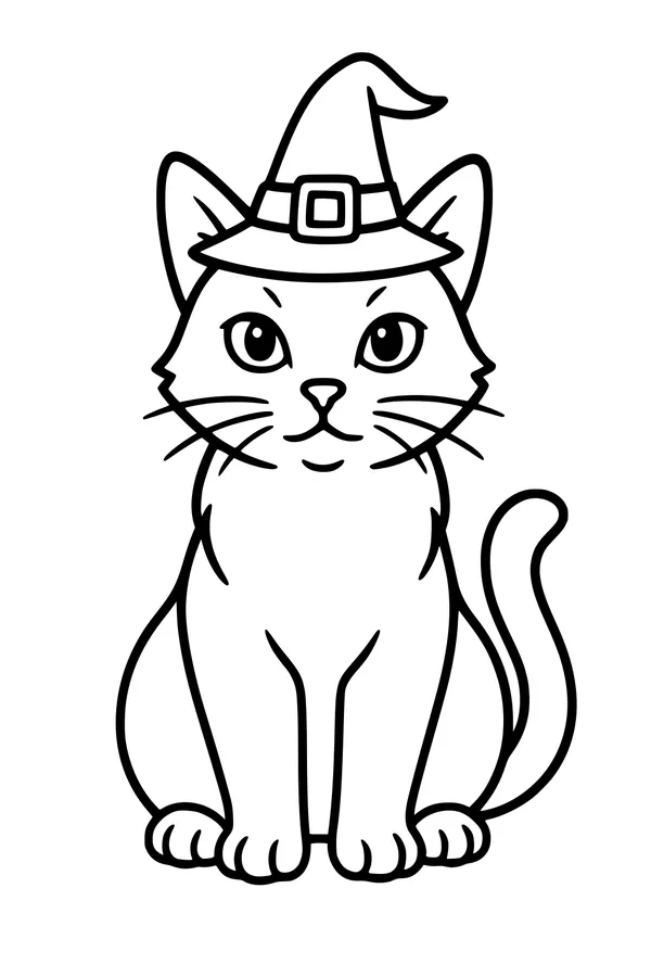 Free Halloween Cat Coloring Page - Witch Hat Kitty Front View (Printable PDF)