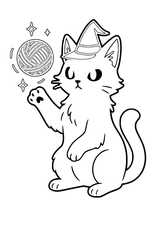 Free Witch Kitten Coloring Page - Magic Floating Yarn Ball (Printable PDF)