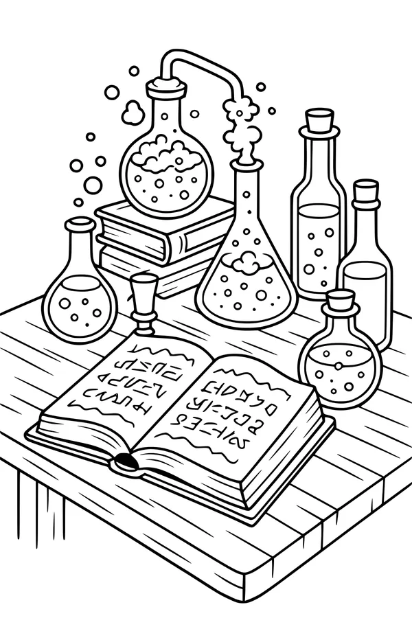Free Spell Book Coloring Page - Bubbling Halloween Potions Lab (Printable PDF)