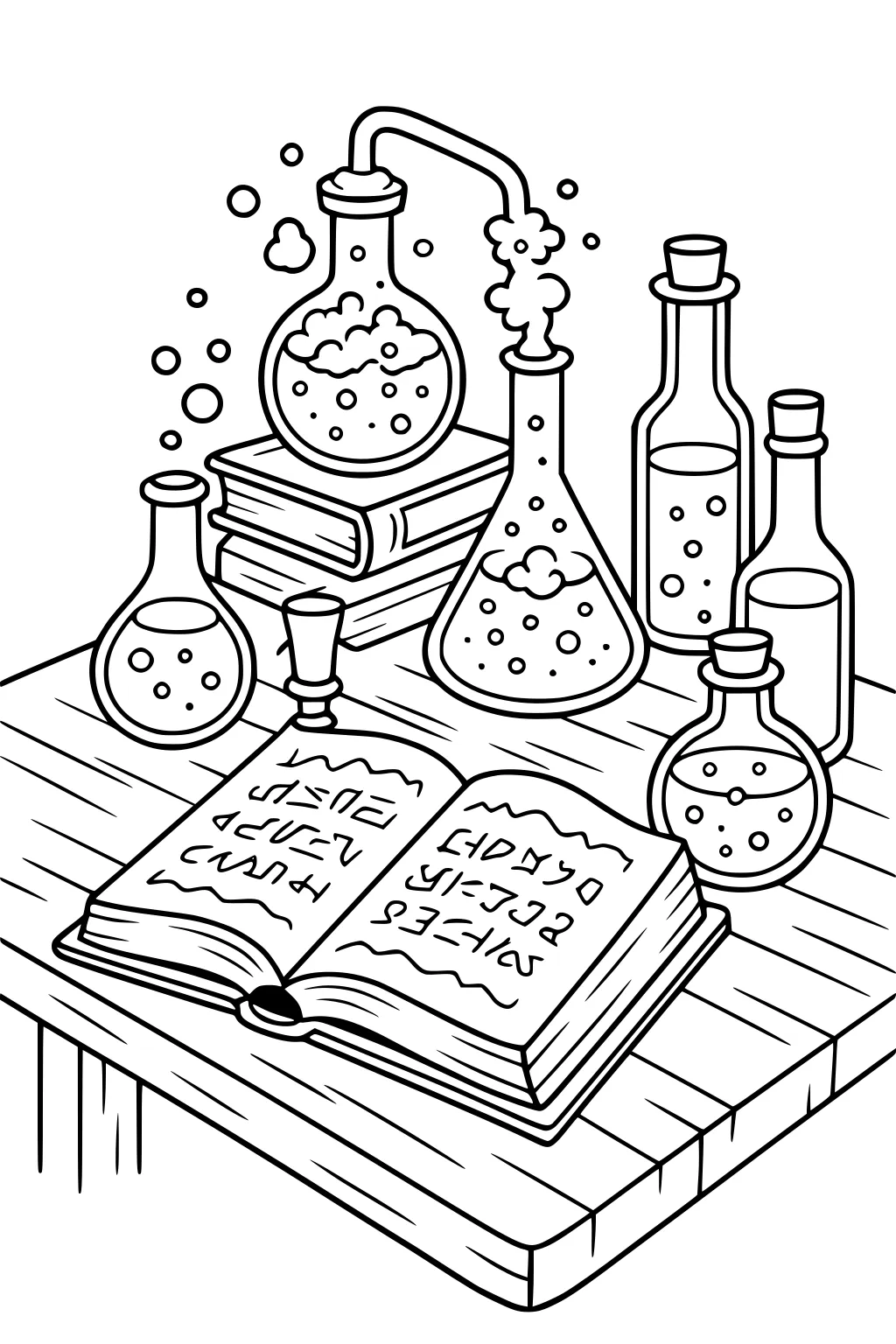 Open spell book on a wooden table with bubbling flasks, corked bottles, stacked books, and steam rising through a curved glass tube.