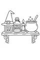 Free Witch Shelf Coloring Page - Bubbling Cauldron and Magic Potions (Printable PDF)