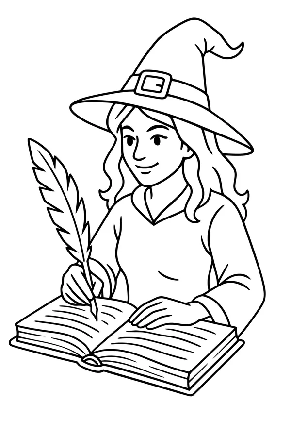 Free Witch Girl Coloring Page - Writing Spells in Her Spellbook (Printable PDF)