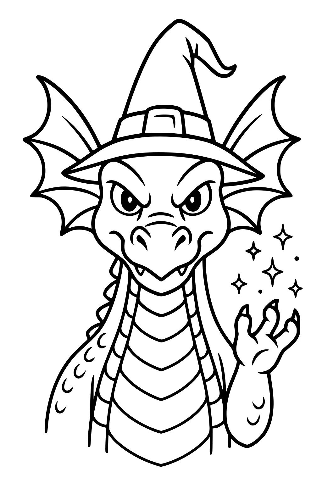 Dragon in a wizard hat raises a claw as sparkles float, with wing-like ears and belly scales in bold outline.