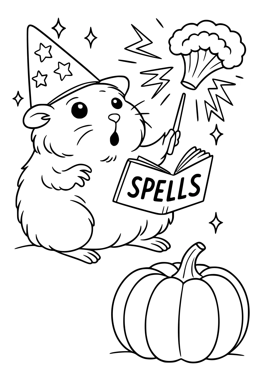 Hamster in a wizard hat holding a wand and spell book, with a pumpkin and magic sparks in the scene.