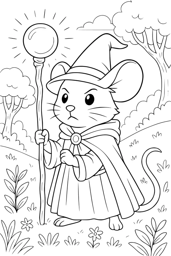 Free Mouse Coloring Page - Wizard Mouse in a Meadow (Printable PDF)
