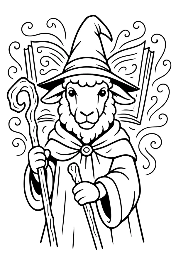 Free Sheep Wizard Coloring Page - Magic Book and Swirling Spells (Printable PDF)
