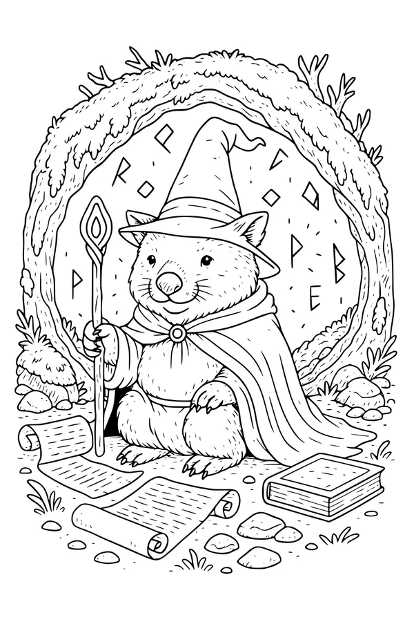 Free Wombat Coloring Page - Wizard in Leafy Burrow (Printable PDF)