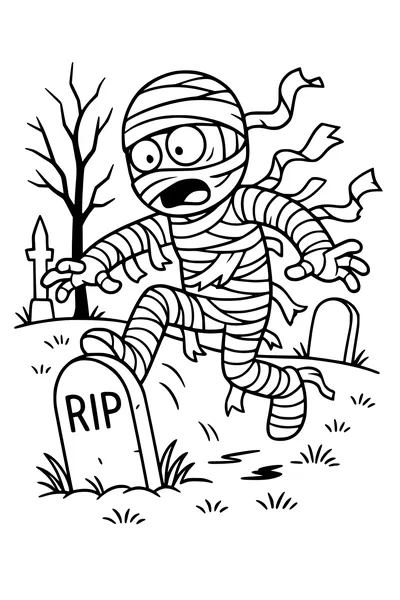Free Mummy Coloring Page - Wobbly Cartoon Mummy in Spooky Graveyard (Printable PDF)