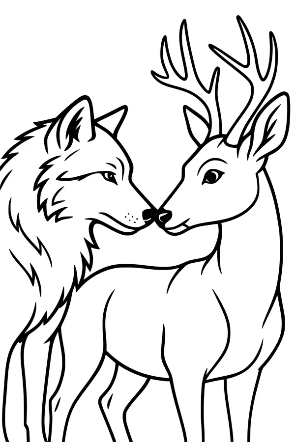Free Wolf and Deer Coloring Page - Forest Friends Nose-to-Nose (Printable PDF)