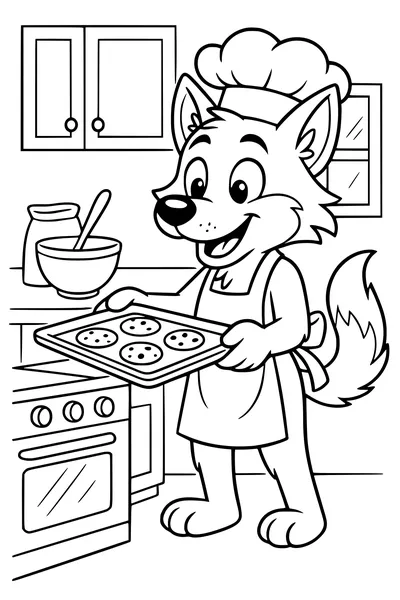Free Wolf Coloring Page - Cartoon Wolf Baker With Cookies (Printable PDF)