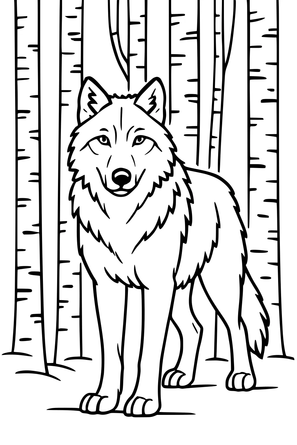 Wolf with fluffy fur among tall birch trees, ears up, calm eyes, bushy tail, and simple forest ground.