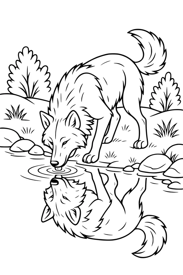 Free Wolf Coloring Page - Thirsty Wolf by Forest Stream (Printable PDF)