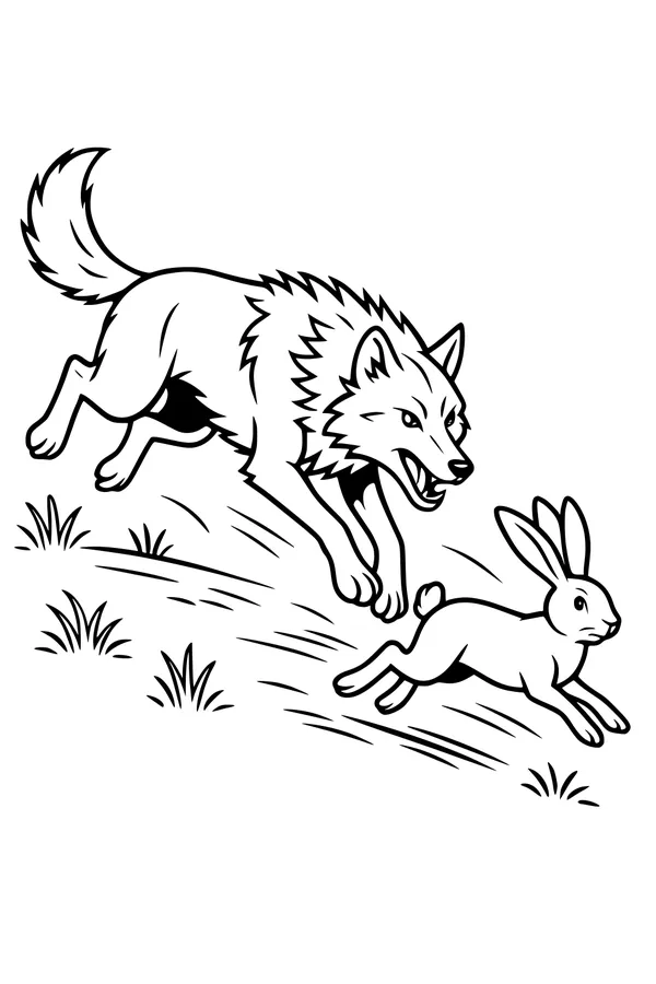 Free Wolf Coloring Page - Running Wolf Chasing a Rabbit (Printable PDF)