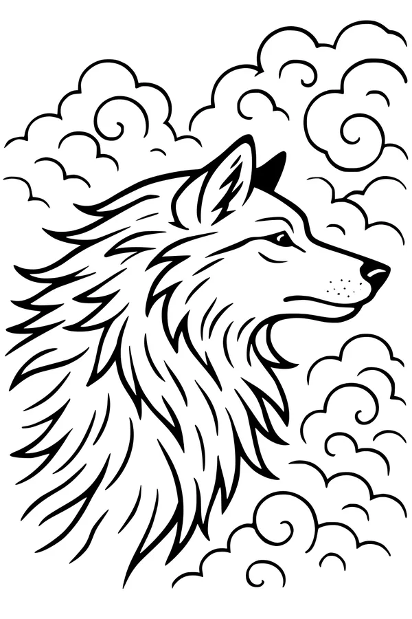 Free Wolf Coloring Page - Shaggy Side Profile in Swirling Clouds (Printable PDF)