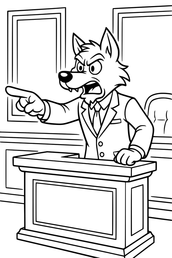 Free Wolf Coloring Page - Cartoon Lawyer in Courtroom (Printable PDF)