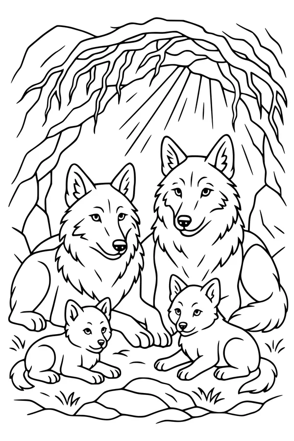 Free Wolf Family Coloring Page - Sunlit Cave Den Scene (Printable PDF)