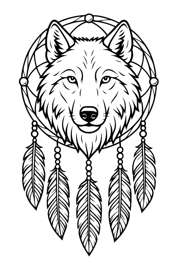 Free Wolf Coloring Page - Guardian Wolf in Dreamcatcher Circle (Printable PDF)