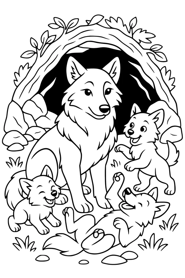 Free Wolf Family Coloring Page - Playful Pups at the Den (Printable PDF)