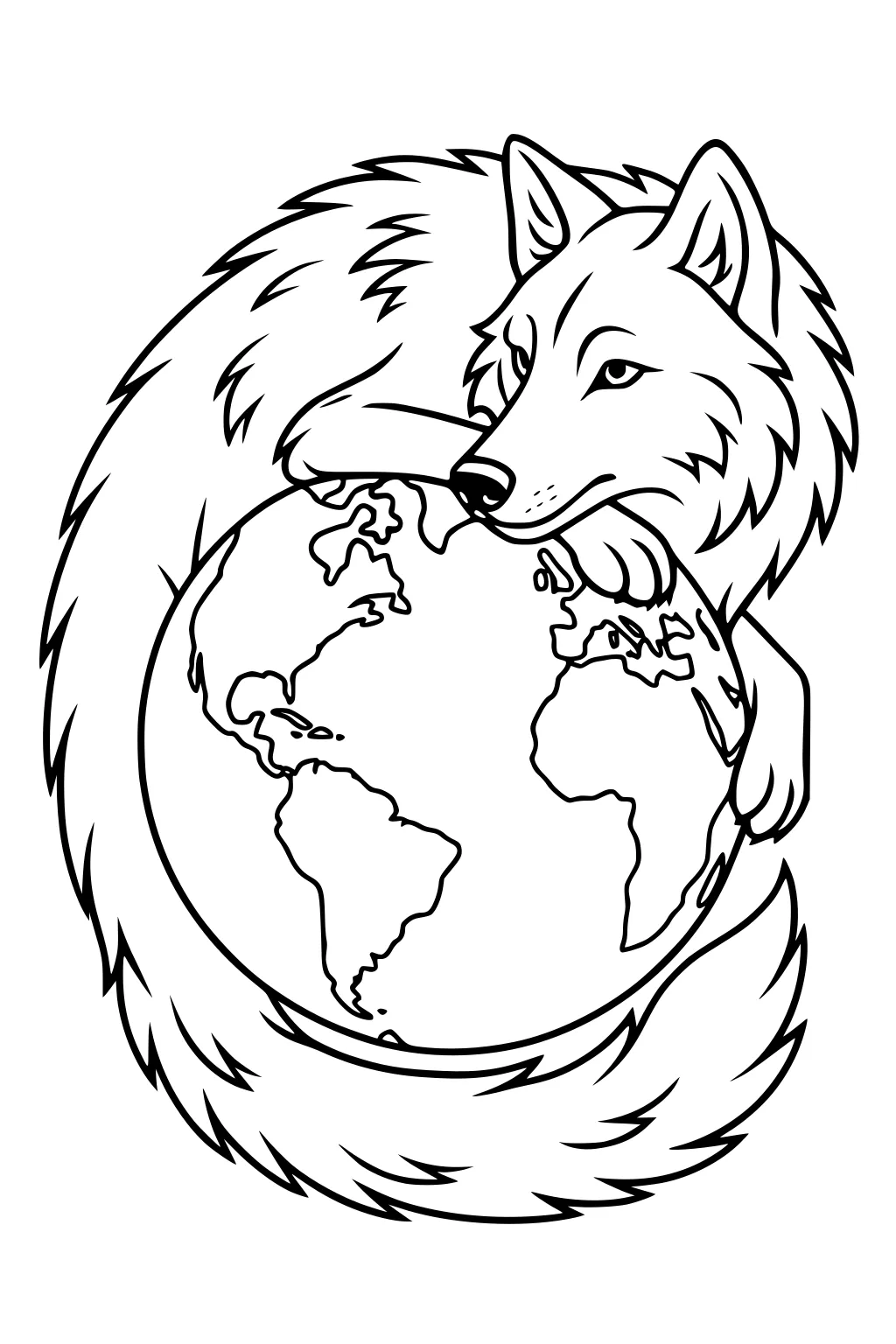 Fluffy wolf curled around a globe, paws holding Earth, chin on top, tail wrapping the sphere with outlined continents.