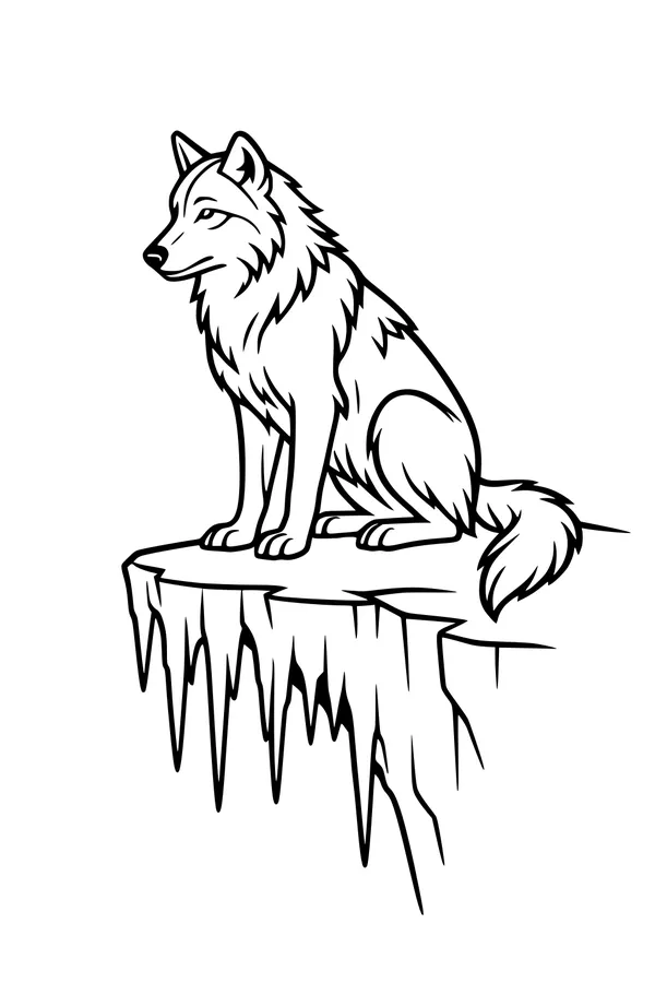 Free Wolf Coloring Page - Watcher on the Icy Cliff Ledge (Printable PDF)