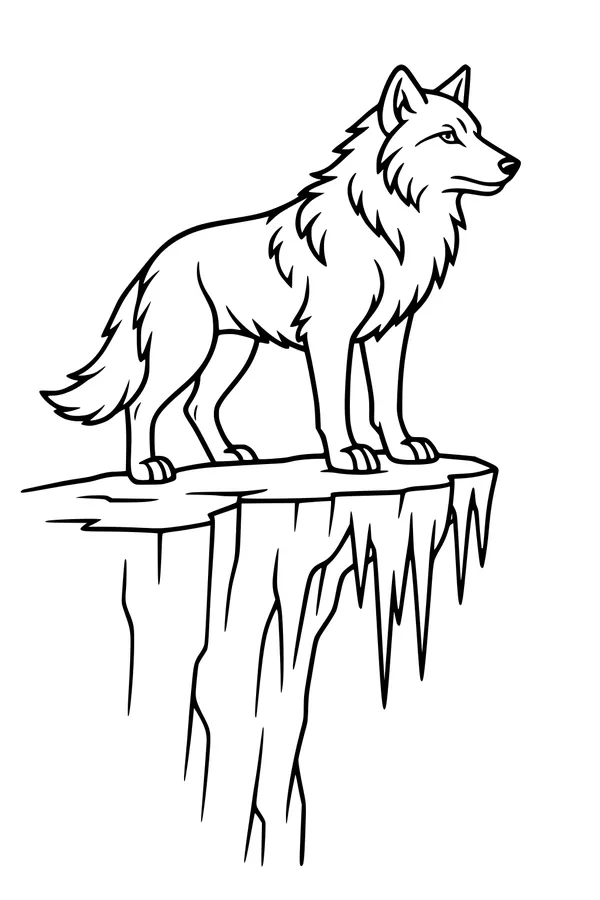 Free Wolf Coloring Page - Frosty Cliff Ledge Scene (Printable PDF)