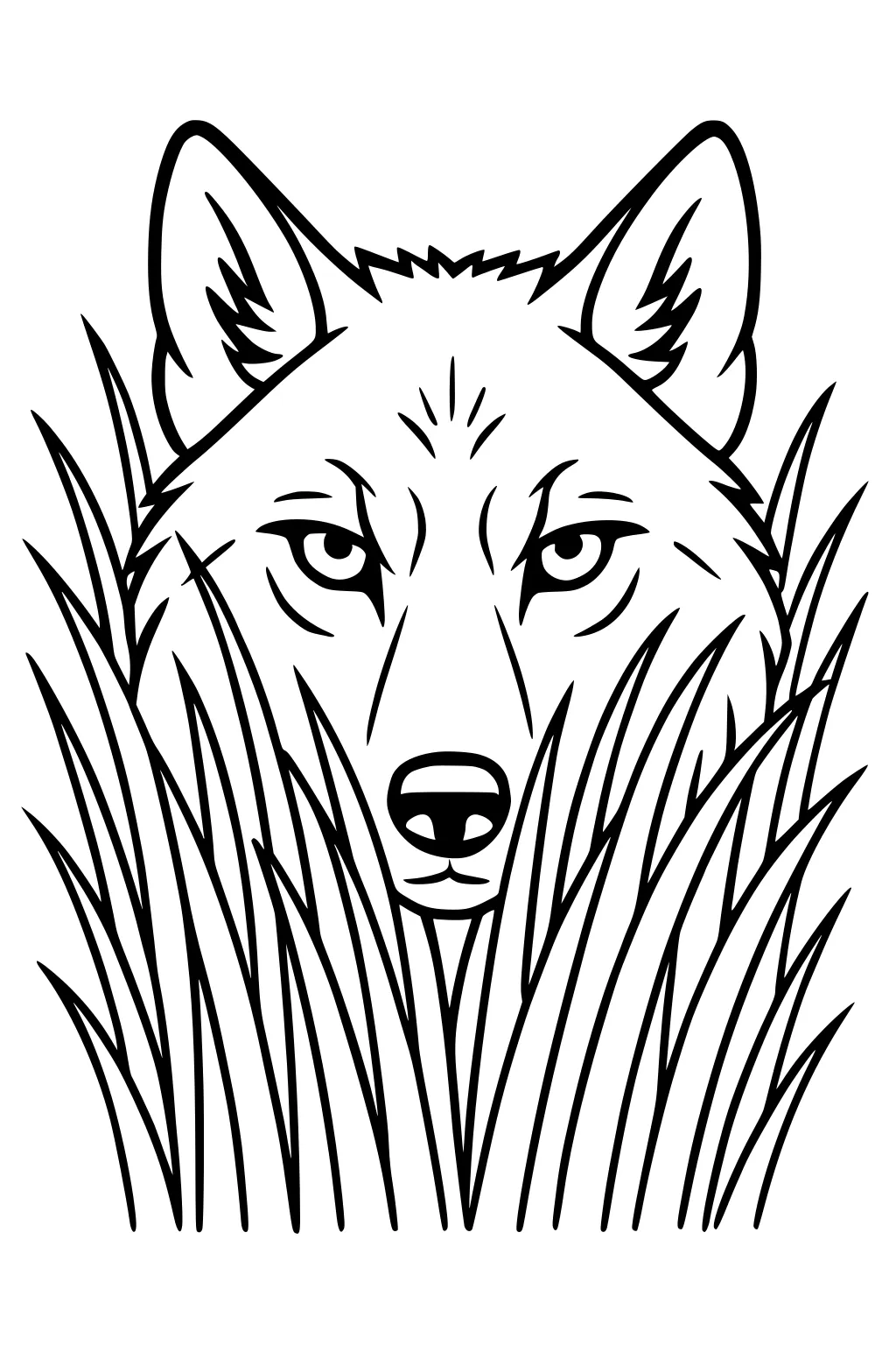 Wolf face peering through tall grass; alert eyes, erect ears, bold outlines; front view with simple background for kids to color.