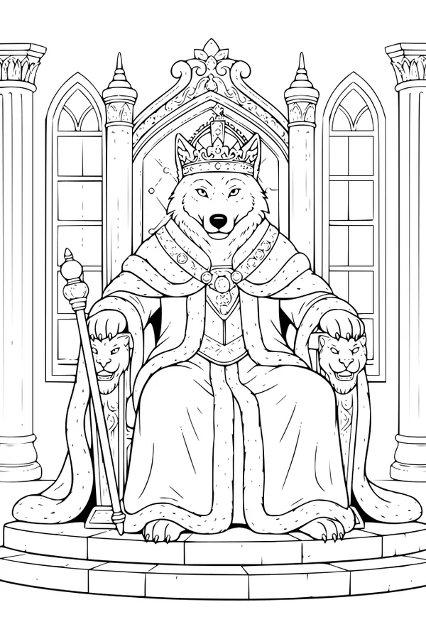 Free Wolf King Coloring Page - Royal Throne Castle Scene (Printable PDF)