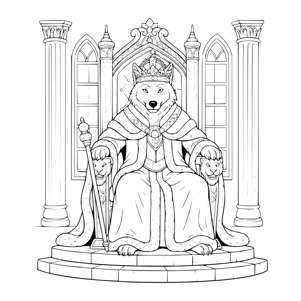 Wolf king in crown and fur-trimmed robe sits on ornate throne with scepter, lion armrests, arched windows and columns behind.