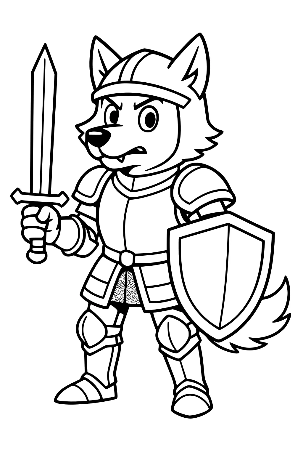Cartoon wolf knight with sword and shield, wearing helmet and armor, standing with tail showing on a blank background.