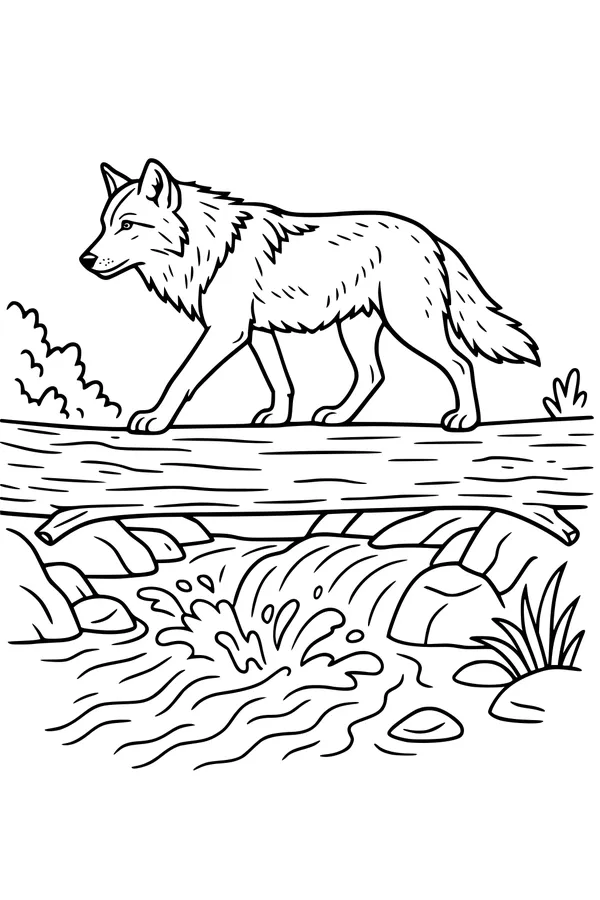 Free Wolf Coloring Page - Crossing a Forest Log Bridge (Printable PDF)