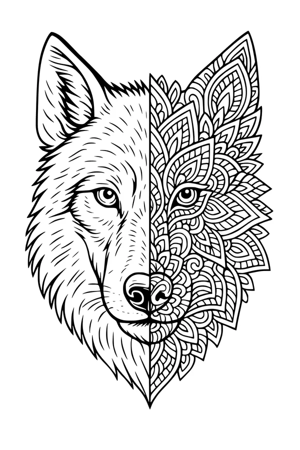 Free Wolf Coloring Page - Half Realistic Half Mandala Head (Printable PDF)