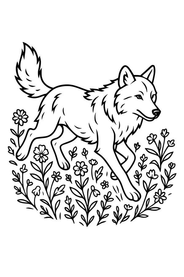 Free Wolf Coloring Page - Spring Wolf in Wildflower Meadow (Printable PDF)