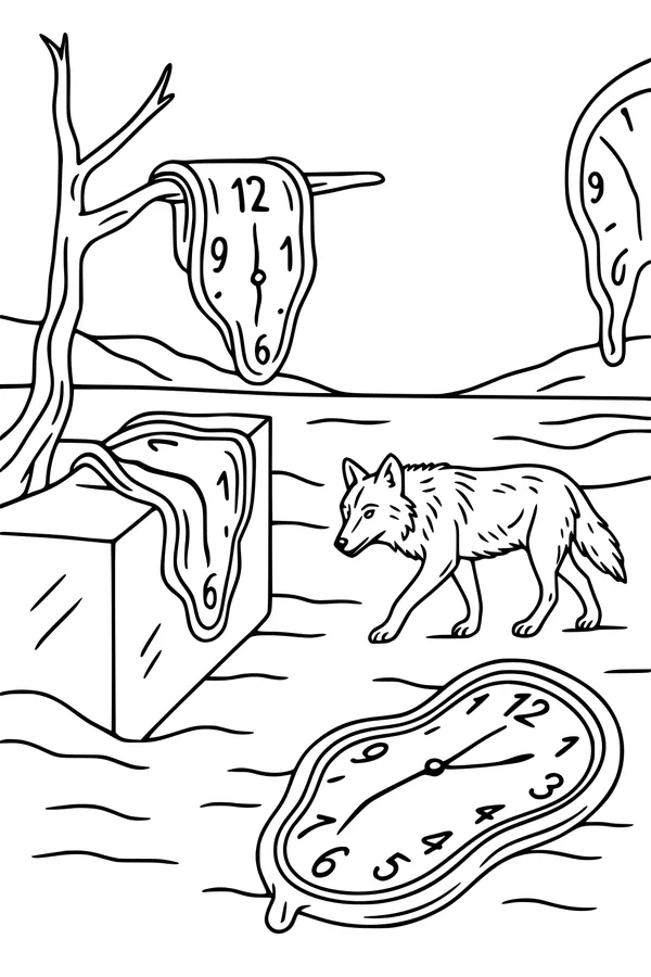 Free Wolf Coloring Page - Surreal Desert With Melting Clocks (Printable PDF)