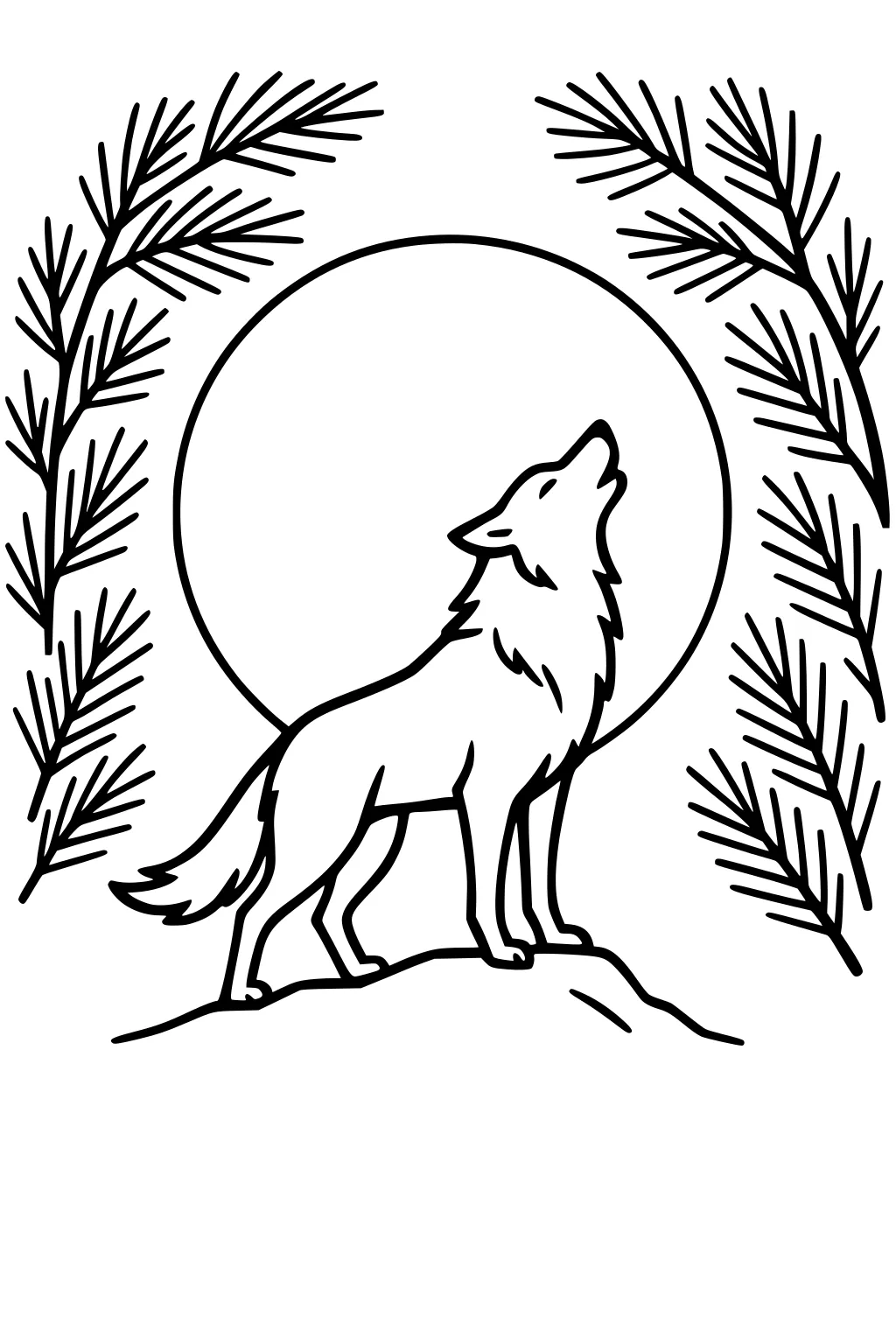 Outline of a wolf howling on a rock with a large moon behind and pine branches framing both sides.