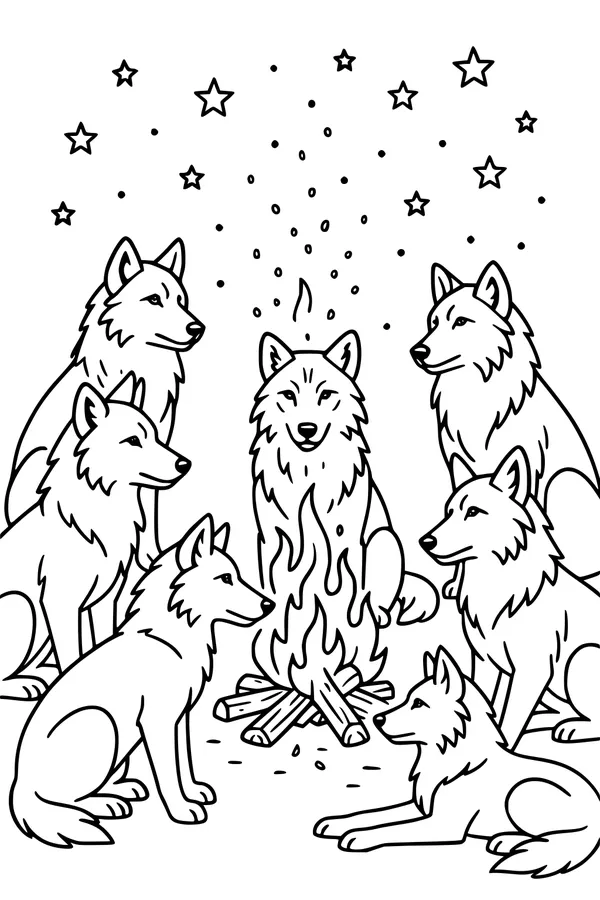 Free Wolf Pack Coloring Page - Campfire Under Starry Night Sky (Printable PDF)