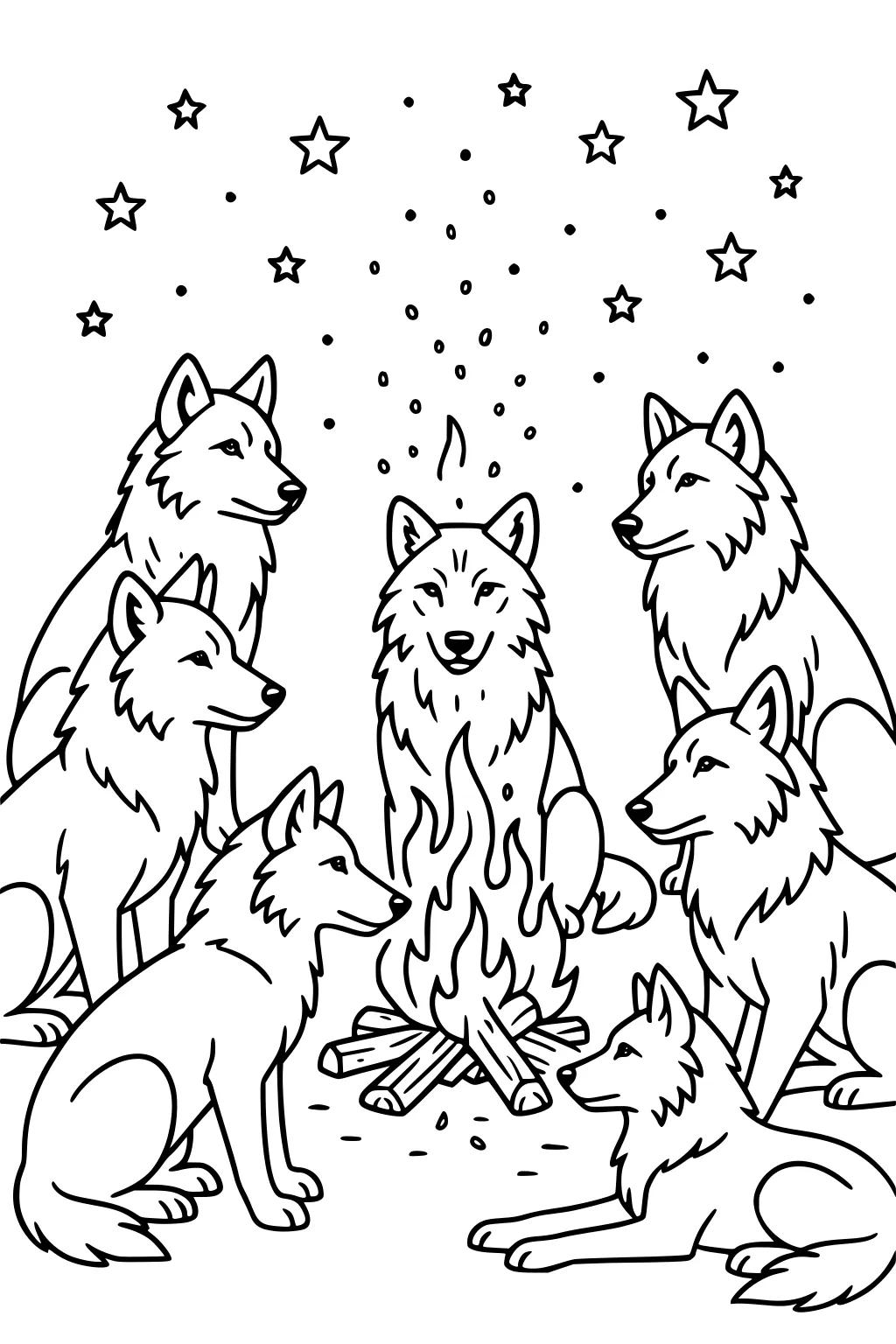 Seven wolves around a campfire at night; sparks rise, stars overhead; some sit, one lies down, all with perked ears.
