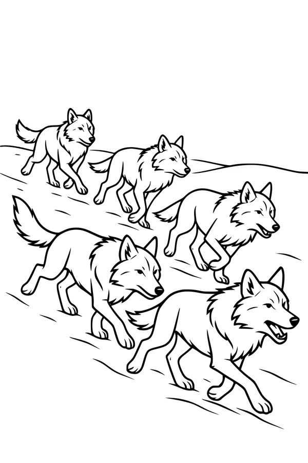 Free Wolf Pack Coloring Page - Five Wolves on a Trail (Printable PDF)