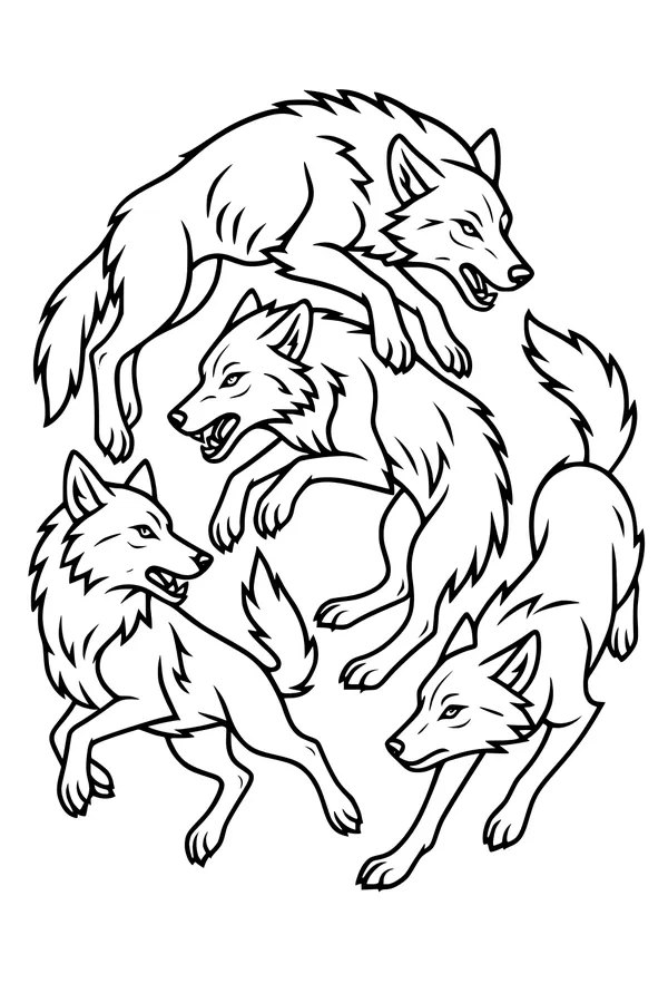 Free Wolf Coloring Page - Running Wolf Pack in Motion (Printable PDF)