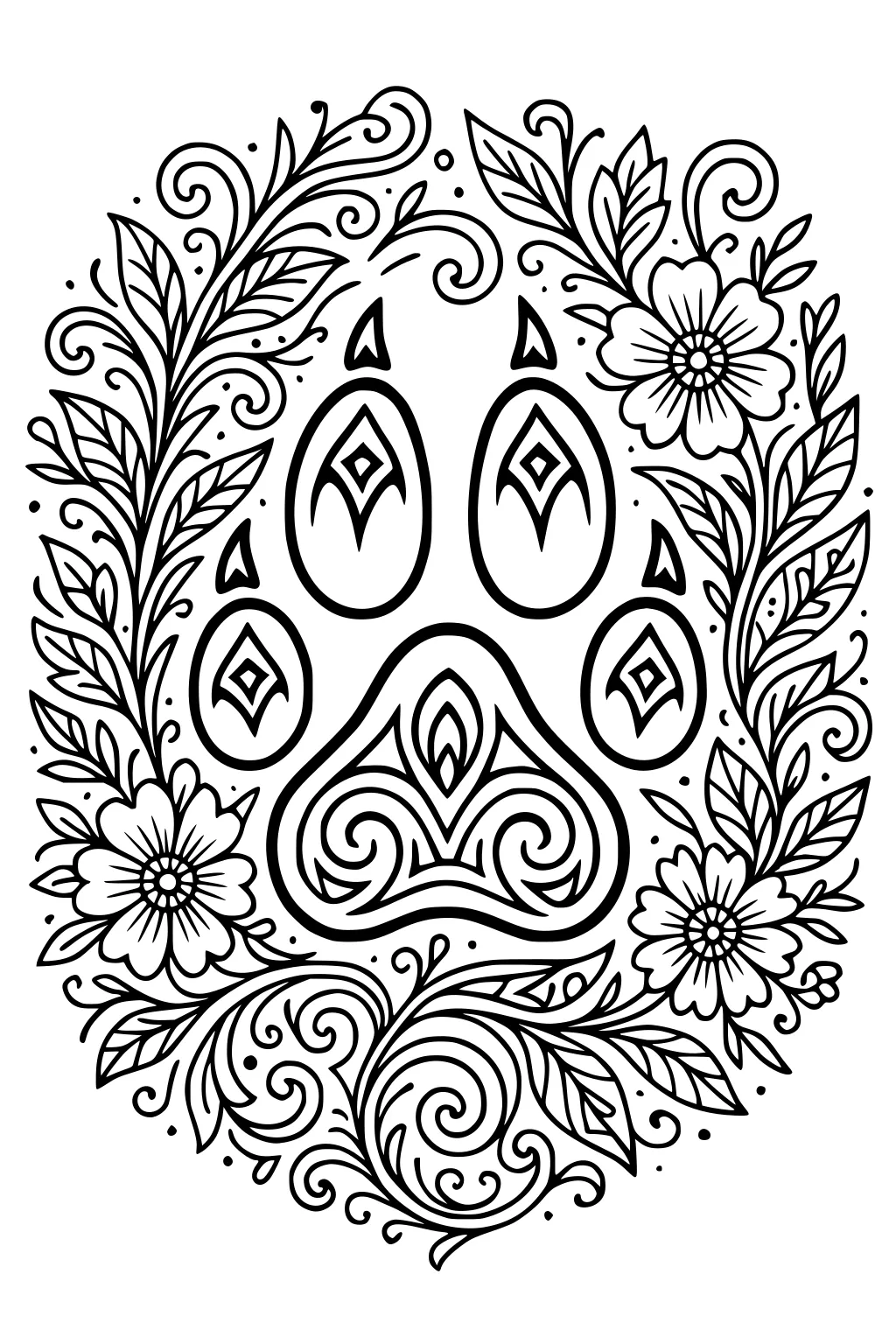 Stylized wolf paw print with diamonds and swirls, framed by flowers, leaves, and curling vines in a symmetrical oval border.