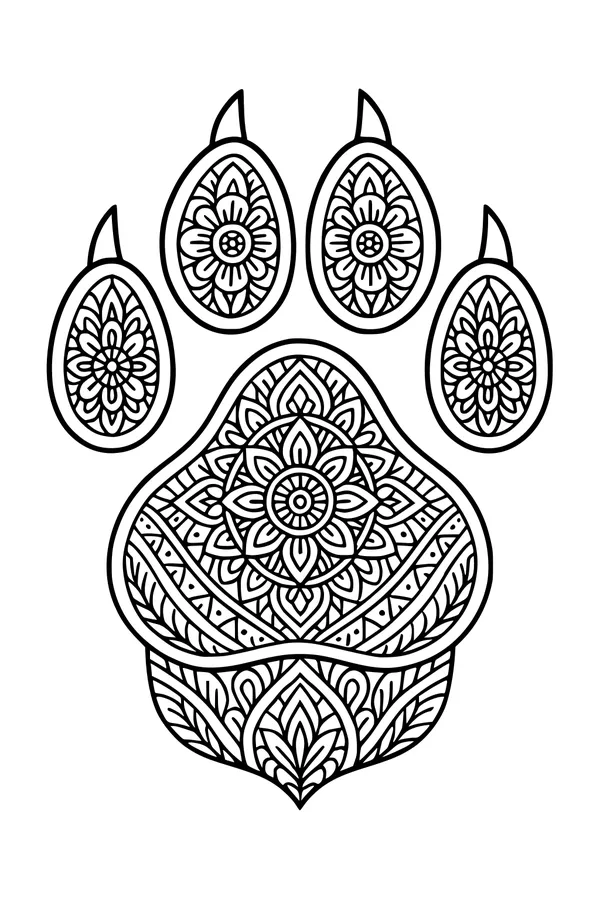 Free Wolf Paw Print Coloring Page - Floral Mandala Patterns (Printable PDF)