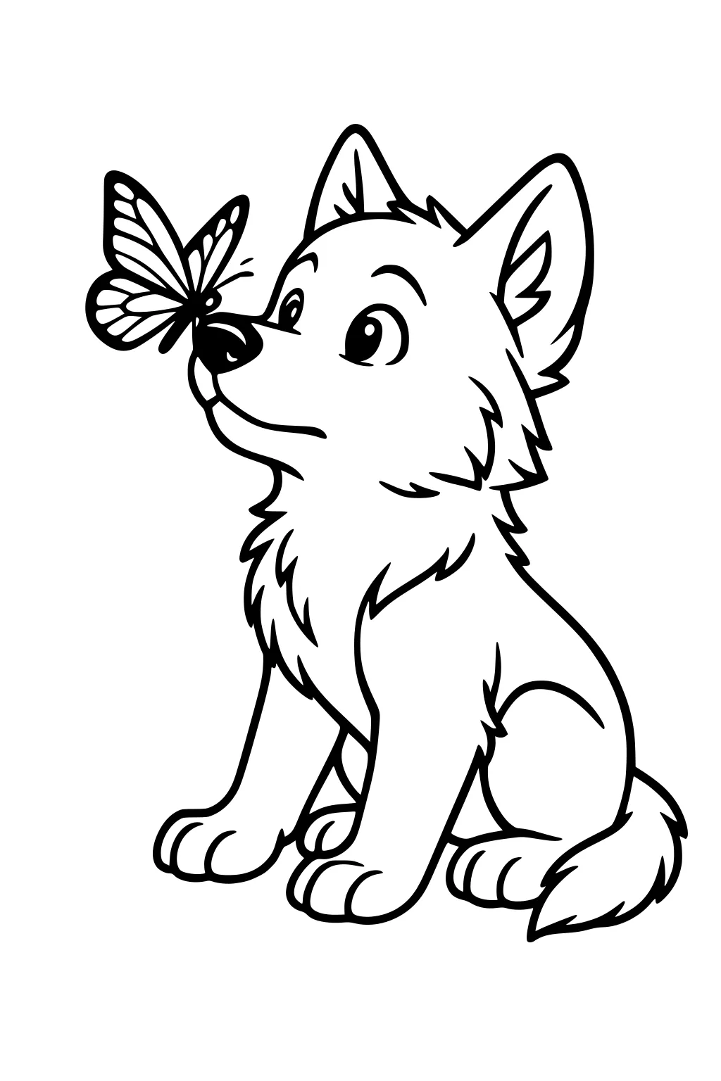 Cartoon wolf pup sitting with perked ears and fluffy tail looks at a butterfly resting near his nose, simple bold line art.