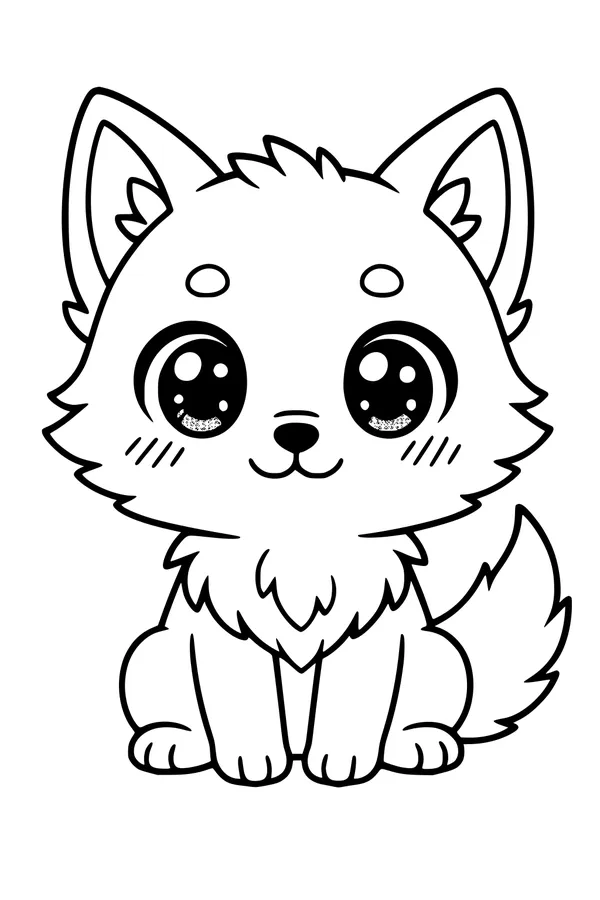 Free Wolf Pup Coloring Page - Cute Big-Eyed Puppy Sitting (Printable PDF)