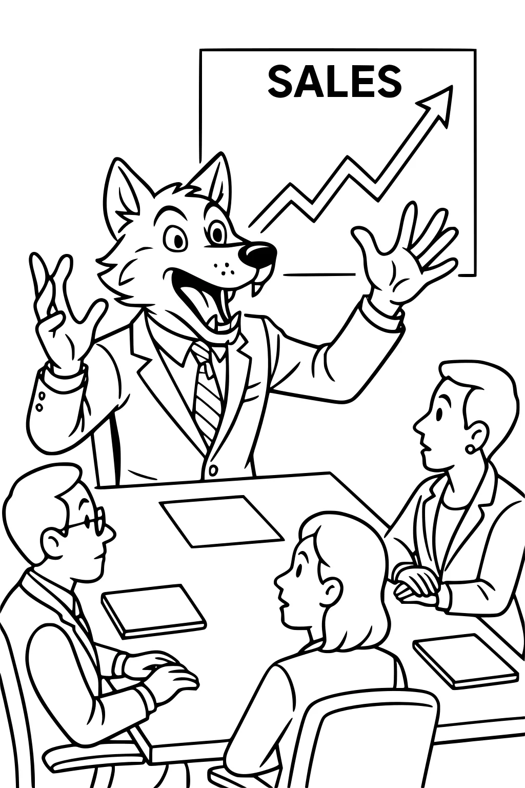Cartoon wolf in a suit presents a rising SALES chart to three coworkers seated at a conference table with papers and tablets.