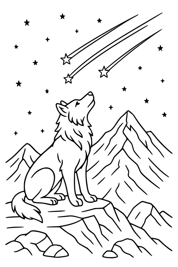 Free Wolf Coloring Page - Howling Wishes Under Starry Mountain Peaks (Printable PDF)