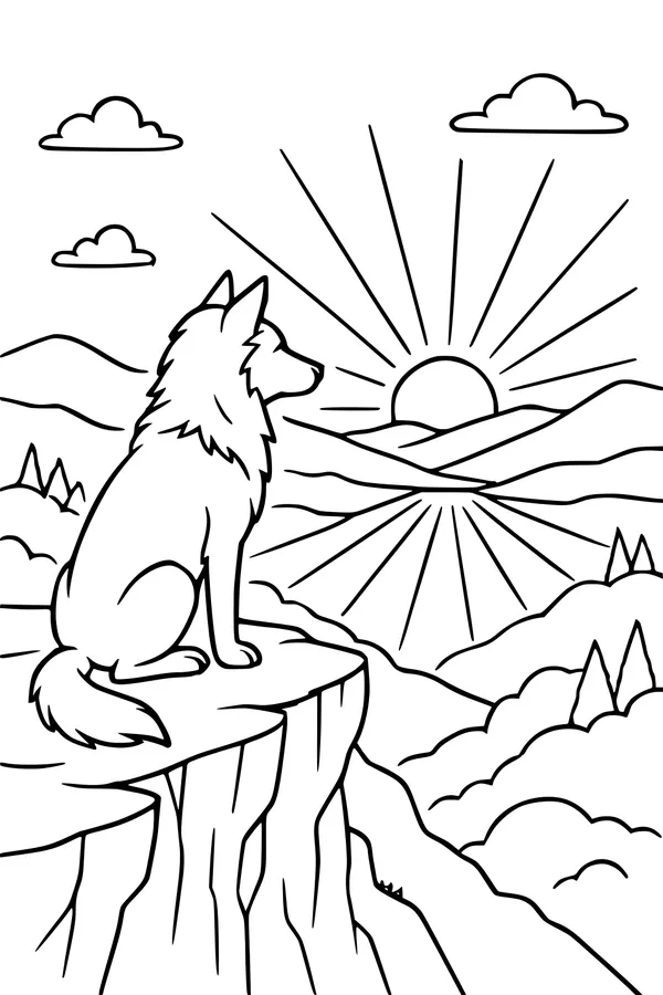 Free Wolf Coloring Page - Watching the Sunrise on a Mountain Cliff (Printable PDF)