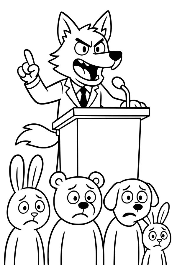 Free Wolf Coloring Page - Town Hall Speech With Worried Animal Friends (Printable PDF)