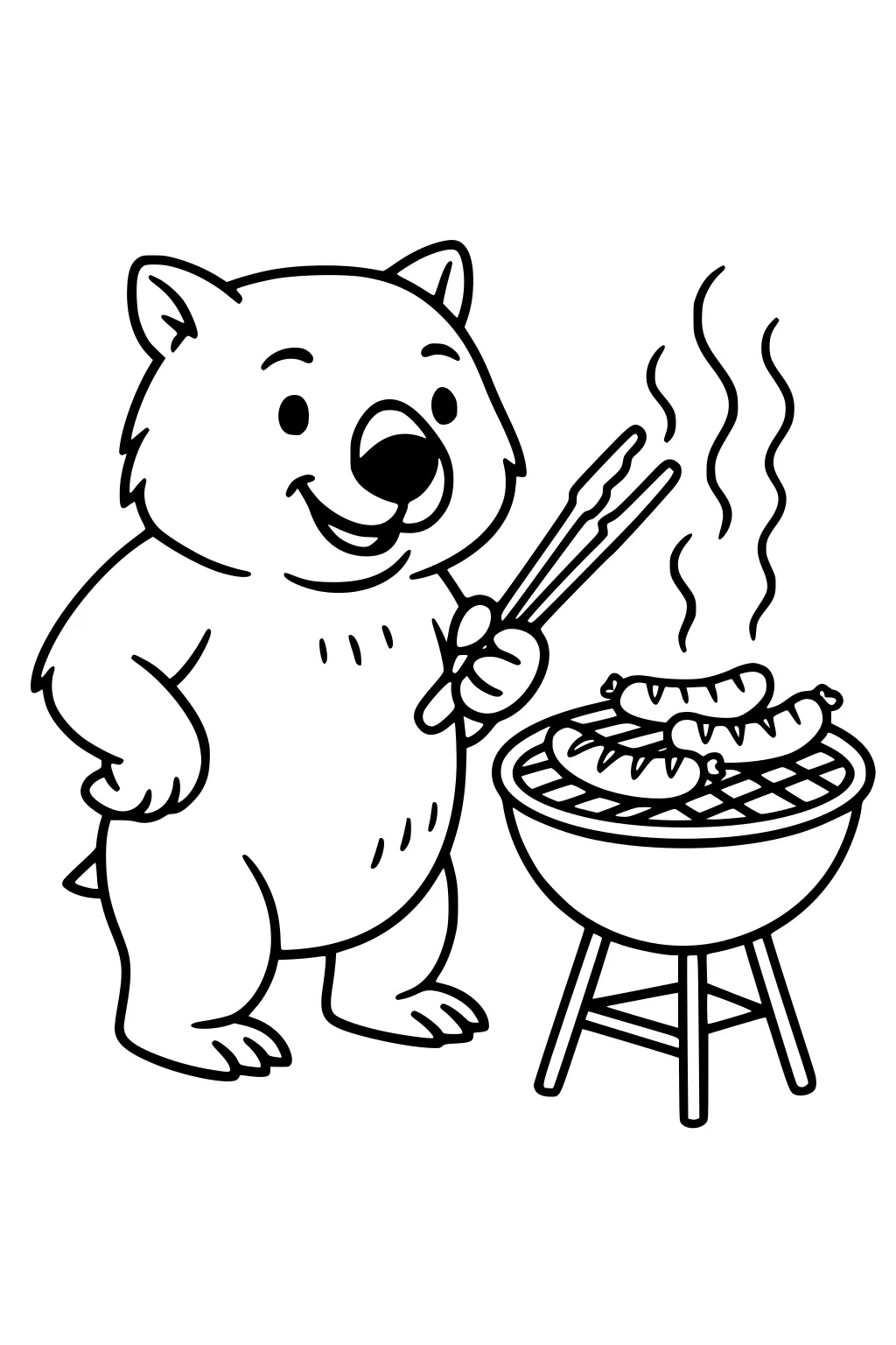 Smiling cartoon wombat holds tongs by a round grill, cooking three sausages with steam rising; simple scene with bold outlines.