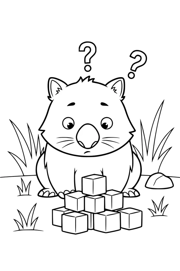 Free Wombat Coloring Page - Curious Wombat With Block Tower (Printable PDF)