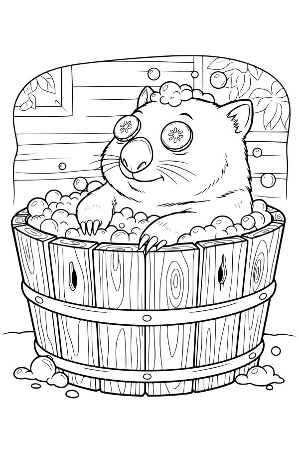 Free Wombat Coloring Page - Spa Day Bubble Bath in Barrel (Printable PDF)